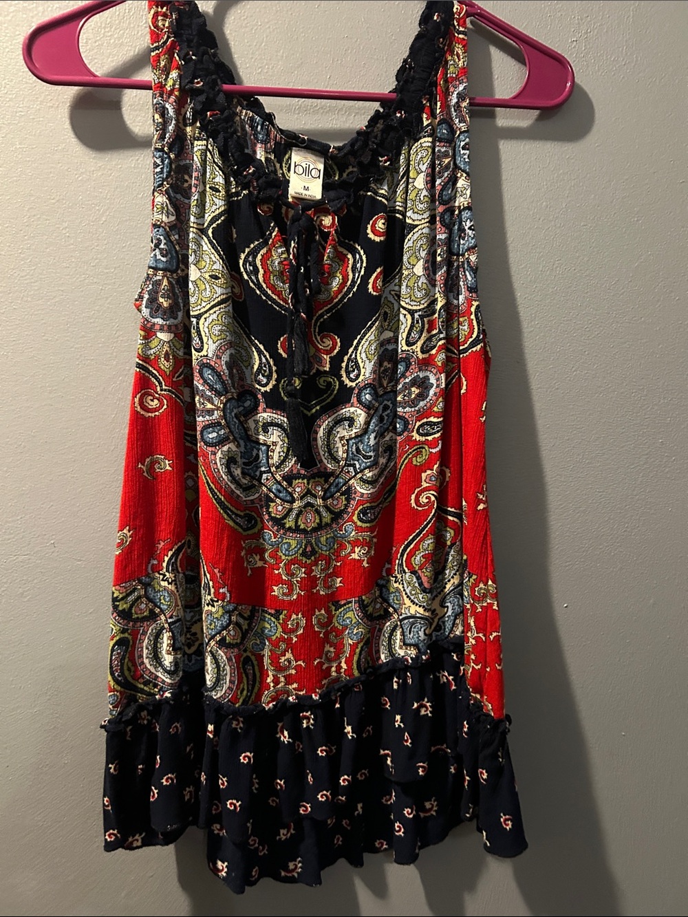 Bila Red and Black Paisley Tie-Front Tank